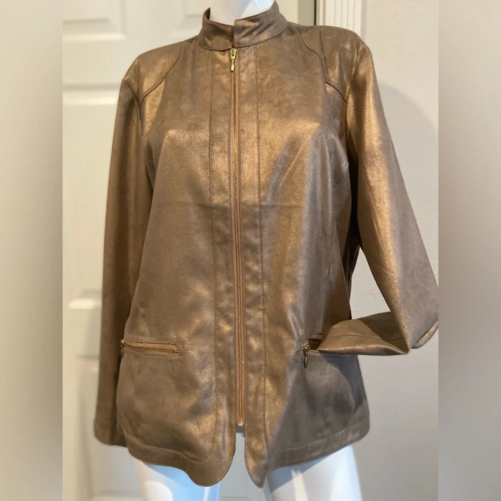 Additions By Chico’s~Shimmery~Bronze~Faux Suede~Zipper Close~Jacket~Size 3 (XL)